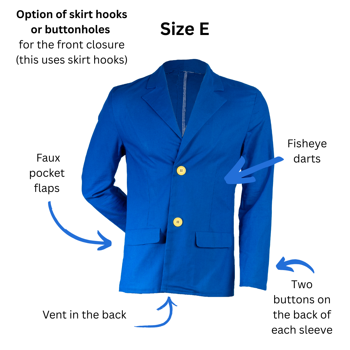 Size E blazer with arrows and text pointing out the fisheye darts, faux pocket flaps, buttons on the sleeve cuffs, and vent in the back. Text at the top of the image states there are two options for the front closure.