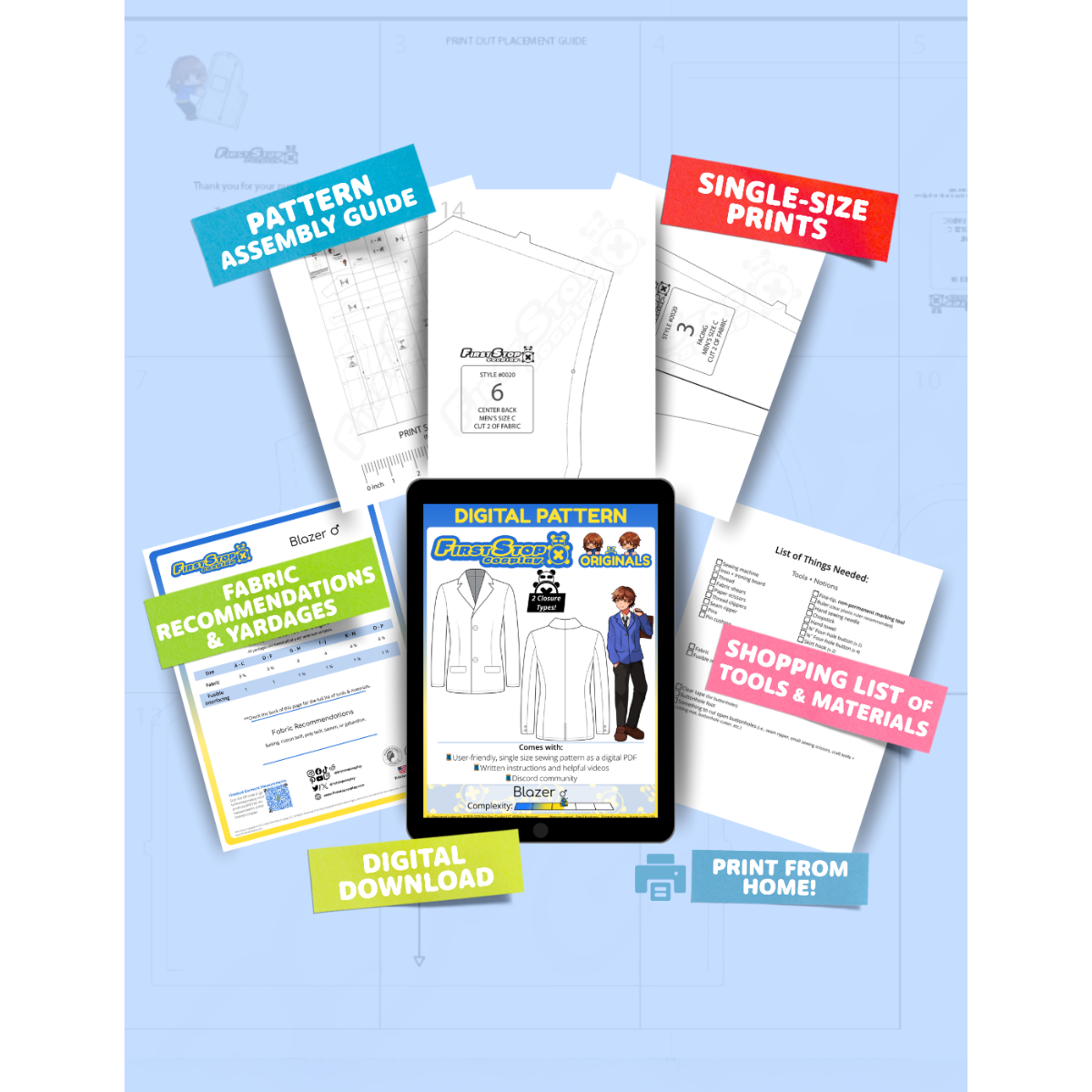 Contents of the digital Blazer (men's) sewing pattern with the product art on a tablet screen, referencing the downloadable format of the pattern. Text boxes highlight features corresponding to those included in the product, such as pattern assembly guide, single-size prints, ability to print from home, shopping lists of tools and materials, and fabric recommendations.