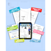 Contents of the digital Blazer (men's) sewing pattern with the product art on a tablet screen, referencing the downloadable format of the pattern. Text boxes highlight features corresponding to those included in the product, such as pattern assembly guide, single-size prints, ability to print from home, shopping lists of tools and materials, and fabric recommendations.