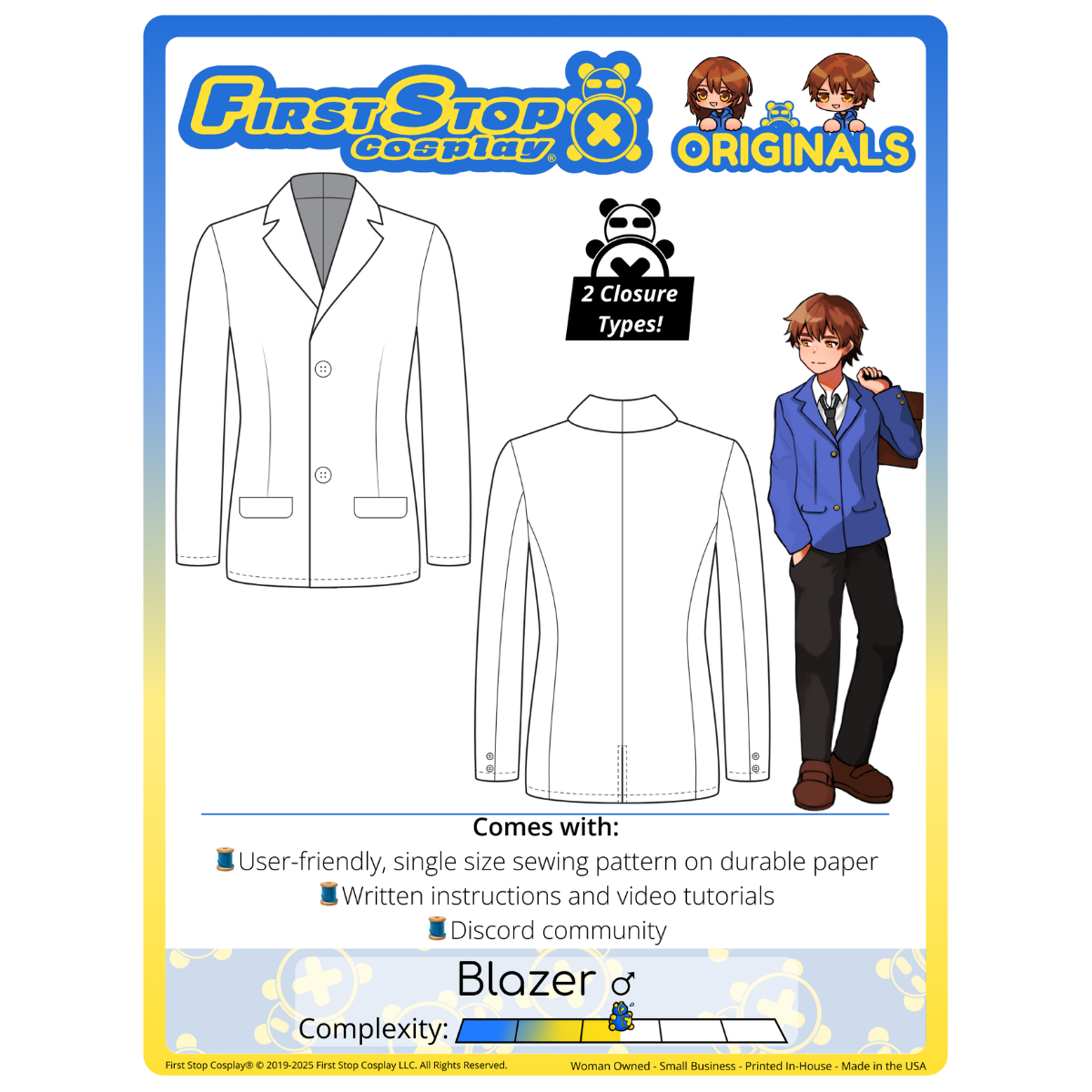 Graphic of the Blazer (men&#39;s) sewing pattern packaging, featuring the First Stop Cosplay logo and art of the pattern and original character, with a text bubble saying, &quot;2 Closure Types!&quot; A graphic icon indicating complexity shows a rating of 2.5 out of 5, suggesting the pattern is between beginner and intermediate.