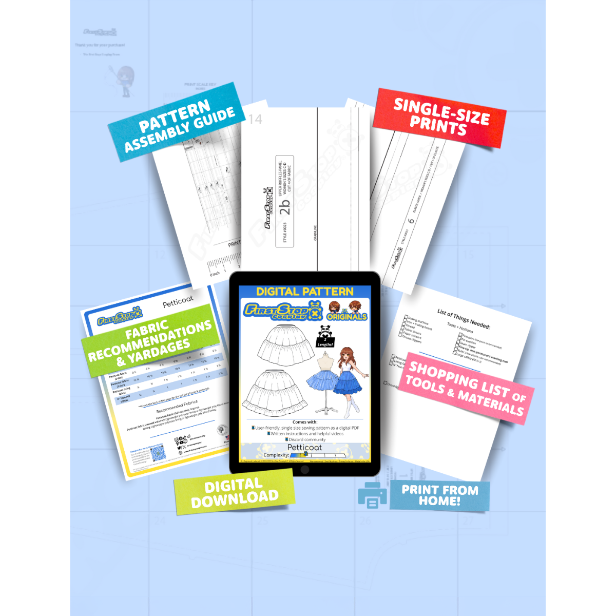 Contents of the digital Petticoat sewing pattern with the product art on a tablet screen, referencing the downloadable format of the pattern. Text boxes highlight features corresponding to those included in the product, such as pattern assembly guide, single-size prints, ability to print from home, shopping lists of tools and materials, and fabric recommendations.