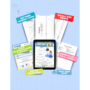 Contents of the digital Petticoat sewing pattern with the product art on a tablet screen, referencing the downloadable format of the pattern. Text boxes highlight features corresponding to those included in the product, such as pattern assembly guide, single-size prints, ability to print from home, shopping lists of tools and materials, and fabric recommendations.