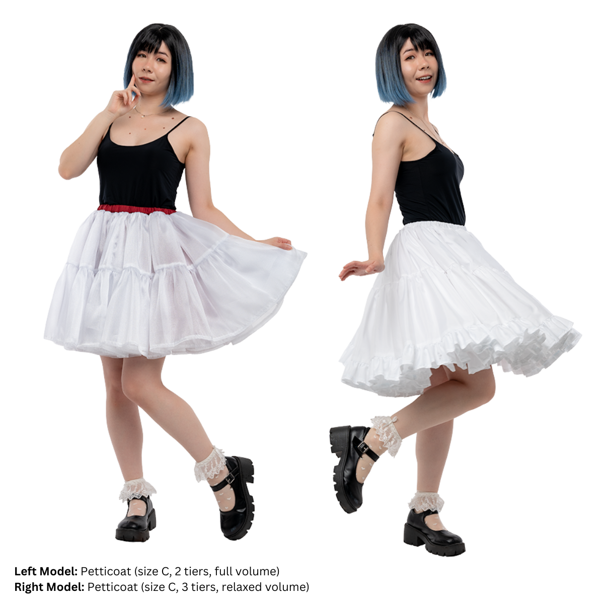 Female model, captain.leftovers (size C), in various poses while wearing a white petticoat with red waistband. On the left, she holds the layers of the skirt away from her body. On the right, she's spinning and the layers of the petticoat are visible.