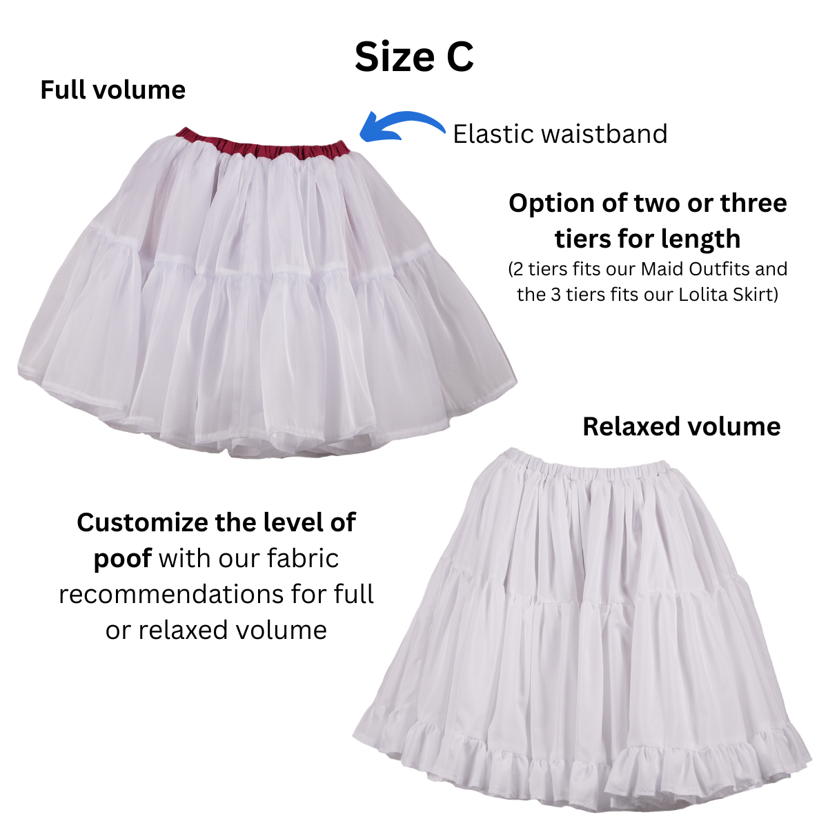 Size C Petticoats in both length variations. Text an arrow point out the elastic waistband. Other text in the image describe the options for length and ability to customize the level of poof based on the material used.