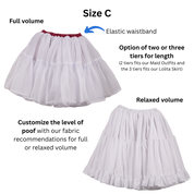 Size C Petticoats in both length variations. Text an arrow point out the elastic waistband. Other text in the image describe the options for length and ability to customize the level of poof based on the material used.