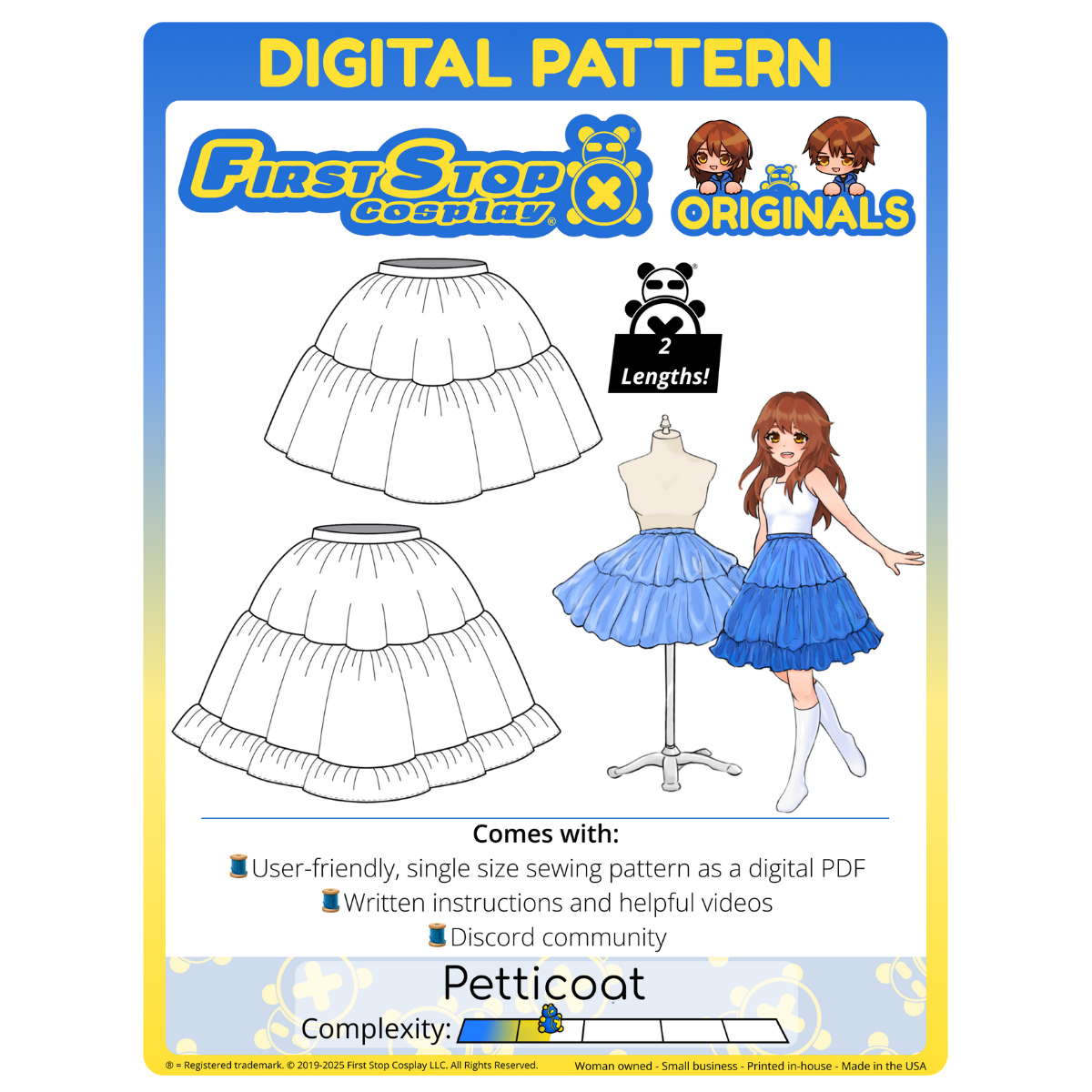 Graphic of the digital format Petticoat sewing pattern product art, featuring the First Stop Cosplay logo and art of the pattern and original character, with a text box that says, "2 Lengths!" A graphic icon indicating complexity shows a rating of 1.5 of 5, suggesting the pattern is beginner-friendly.