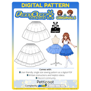 Graphic of the digital format Petticoat sewing pattern product art, featuring the First Stop Cosplay logo and art of the pattern and original character, with a text box that says, "2 Lengths!" A graphic icon indicating complexity shows a rating of 1.5 of 5, suggesting the pattern is beginner-friendly.