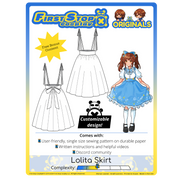 Graphic of the Lolita Skirt sewing pattern packaging, featuring the First Stop Cosplay logo and art of the pattern and original character, with a text box that says, "Customizable design!" A graphic icon indicating complexity shows a rating of 2 out of 5, suggesting the pattern is between beginner and intermediate. A starburst of text advertises the free bonus content that comes with the pattern.