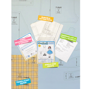 Contents of the Petticoat sewing pattern and packaging. Text boxes highlight features corresponding to those included in the product, such as durable translucent paper, single-size prints, a shopping list of tools and materials, and fabric recommendations.