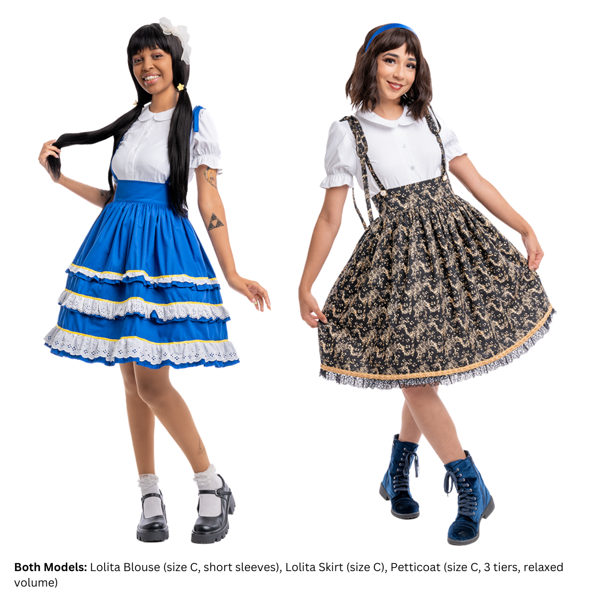Two models wearing different Lolita Skirts. The model on the left has a solid blue skirt with 3 layers of white ruffle trims. The model on the right is wearing a music-themed Lolita Skirt with black lace trim at the bottom. Both skirts have shoulder straps that tie into small bows at the top.
