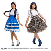 Two models wearing different Lolita Skirts. The model on the left has a solid blue skirt with 3 layers of white ruffle trims. The model on the right is wearing a music-themed Lolita Skirt with black lace trim at the bottom. Both skirts have shoulder straps that tie into small bows at the top.