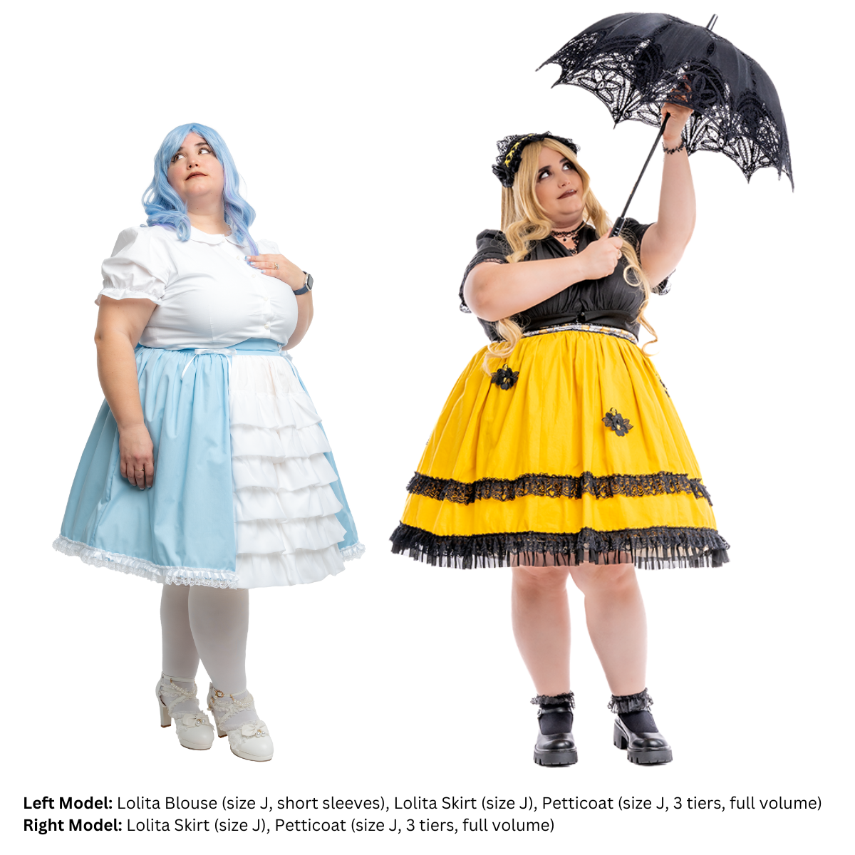 A plus size (size J) model in variations of the Lolita Skirt. On the left, a white and blue themed skirt with layers of tulle ruffles down the front and lace trim. On the right, the honeybee-themed skirt. In this image, both variations do not have the shoulder strap present, exemplifying the fully-customizable design of this pattern.