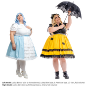 A plus size (size J) model in variations of the Lolita Skirt. On the left, a white and blue themed skirt with layers of tulle ruffles down the front and lace trim. On the right, the honeybee-themed skirt. In this image, both variations do not have the shoulder strap present, exemplifying the fully-customizable design of this pattern.