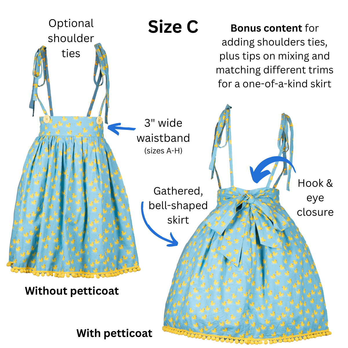 Size C Lolita Skirt front and back view with text and arrows pointing out the 3" wide waistband for sizes A-H, hook and eye closure, and gathered bell-shaped skirt. Additional text advertises bonus content included for further customizing the pattern.