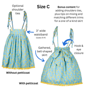 Size C Lolita Skirt front and back view with text and arrows pointing out the 3" wide waistband for sizes A-H, hook and eye closure, and gathered bell-shaped skirt. Additional text advertises bonus content included for further customizing the pattern.