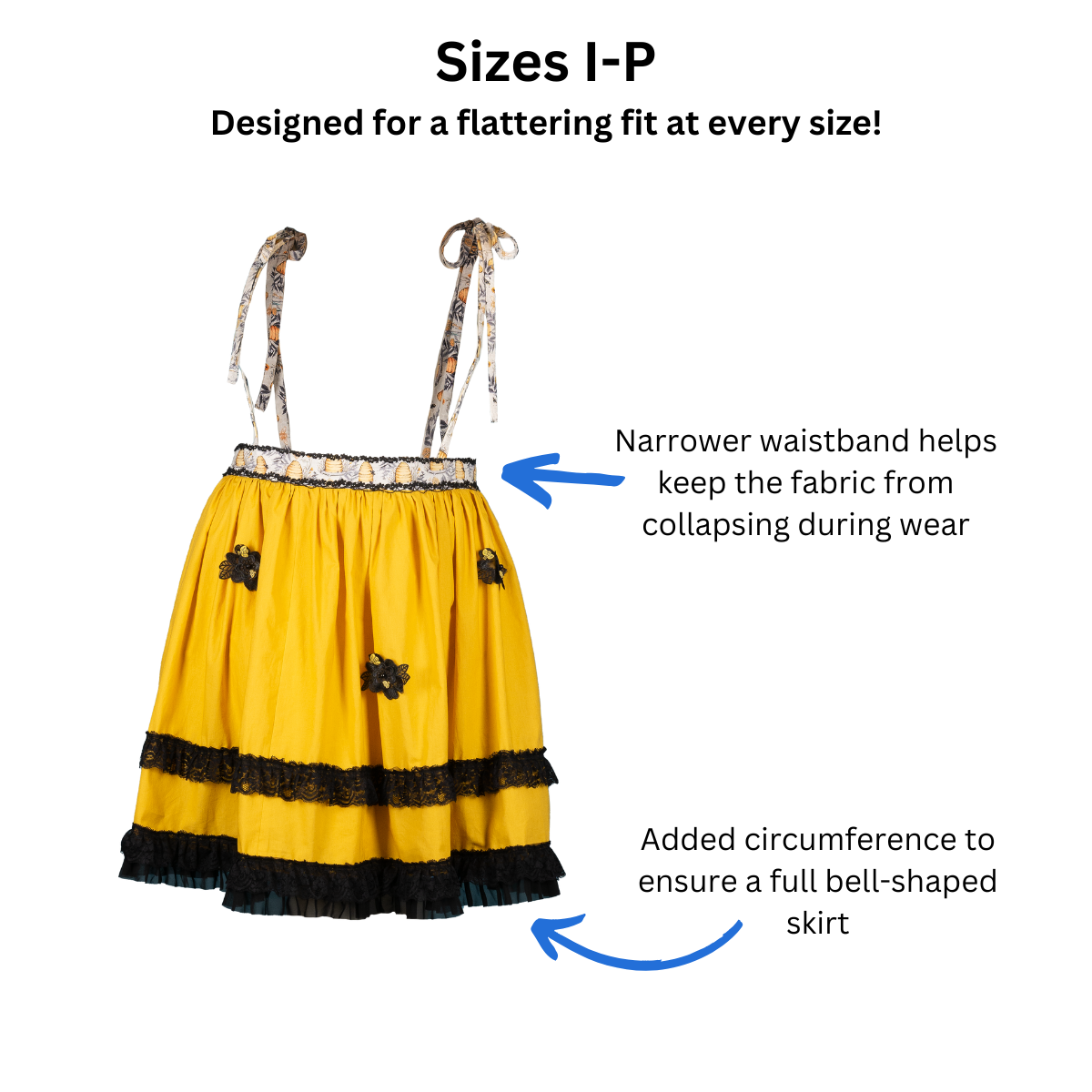 Petticoat with a list of features specific to the size I-P petticoat patterns, including narrower waistband to help keep fabric from collapsing during wear and added circumference to ensure a full bell-shaped skirt. Text at the top of the image says, "Designed for a flattering fit at every size!"