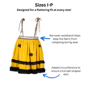 Petticoat with a list of features specific to the size I-P petticoat patterns, including narrower waistband to help keep fabric from collapsing during wear and added circumference to ensure a full bell-shaped skirt. Text at the top of the image says, "Designed for a flattering fit at every size!"
