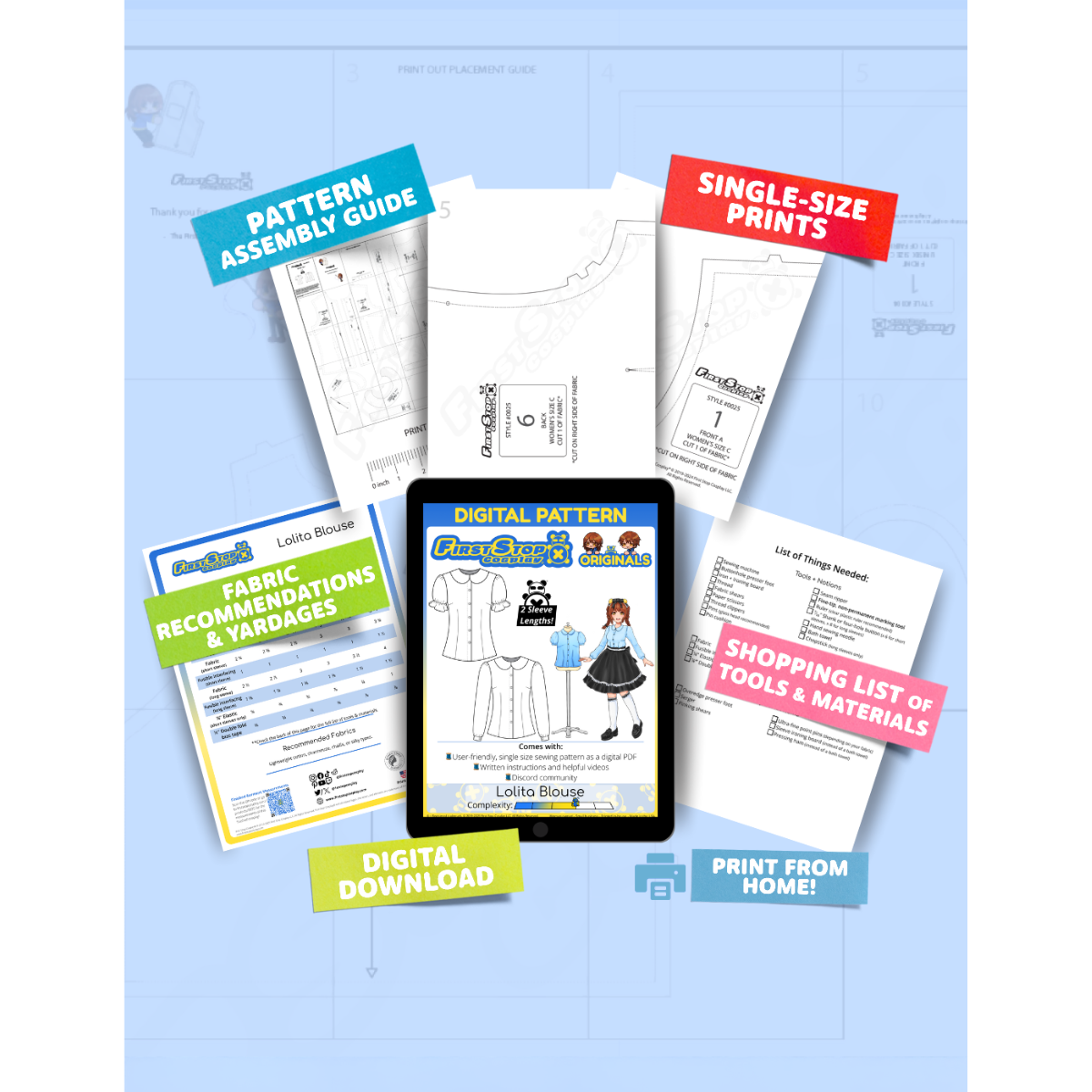 Contents of the digital Lolita Blouse sewing pattern with the product art on a tablet screen, referencing the downloadable format of the pattern. Text boxes highlight features corresponding to those included in the product, such as pattern assembly guide, single-size prints, ability to print from home, shopping lists of tools and materials, and fabric recommendations.