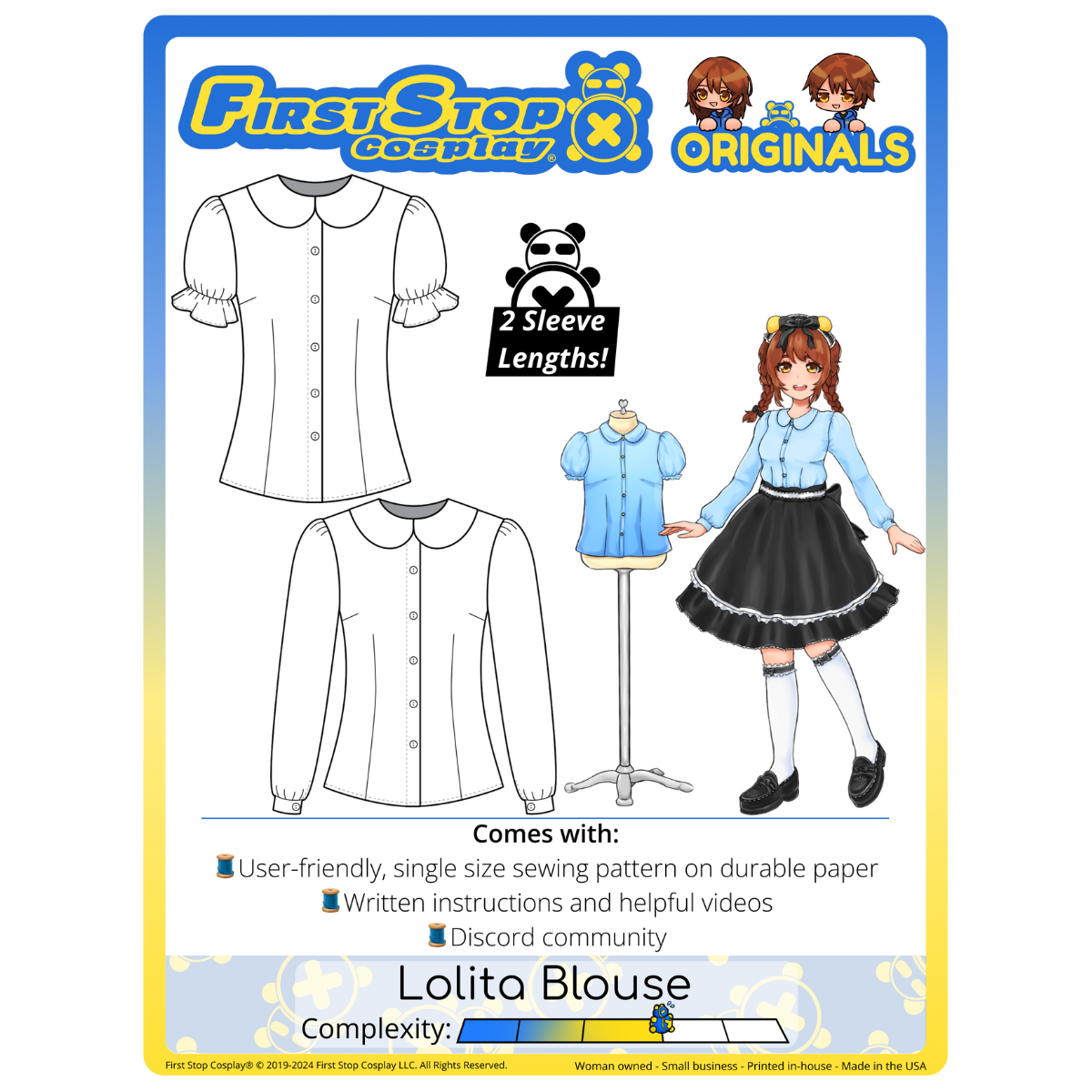 Graphic of the Lolita Blouse sewing pattern packaging, featuring the First Stop Cosplay logo and art of the pattern and original character, with a text bubble saying, "2 Sleeve Lengths!" A graphic icon indicating complexity shows a rating of 3 out of 5, suggesting the pattern is intermediate complexity.
