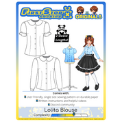 Graphic of the Lolita Blouse sewing pattern packaging, featuring the First Stop Cosplay logo and art of the pattern and original character, with a text bubble saying, "2 Sleeve Lengths!" A graphic icon indicating complexity shows a rating of 3 out of 5, suggesting the pattern is intermediate complexity.