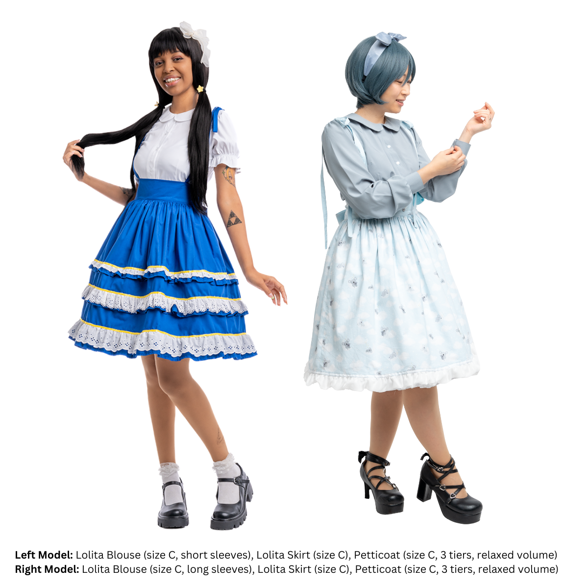 Two female models (size C) posing in the Lolita Blouse. The model on the left, hyliancream, is in a white short-sleeve blouse. The model on the right is in a gray long-sleeve blouse and adjusting a button on the cuff.