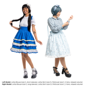 Two female models (size C) posing in the Lolita Blouse. The model on the left, hyliancream, is in a white short-sleeve blouse. The model on the right is in a gray long-sleeve blouse and adjusting a button on the cuff.
