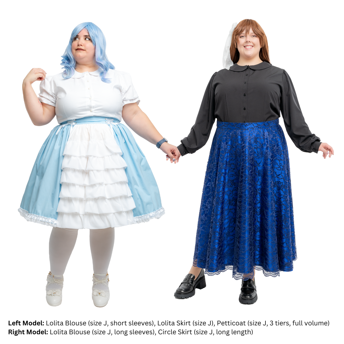 Two plus size models (both size J) posing in the Lolita Blouse. On the left, a white short-sleeve blouse, and on the right, a black long-sleeve blouse. The blouses are paired with a Lolita Skirt and Circle Skirt.