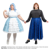 Two plus size models (both size J) posing in the Lolita Blouse. On the left, a white short-sleeve blouse, and on the right, a black long-sleeve blouse. The blouses are paired with a Lolita Skirt and Circle Skirt.