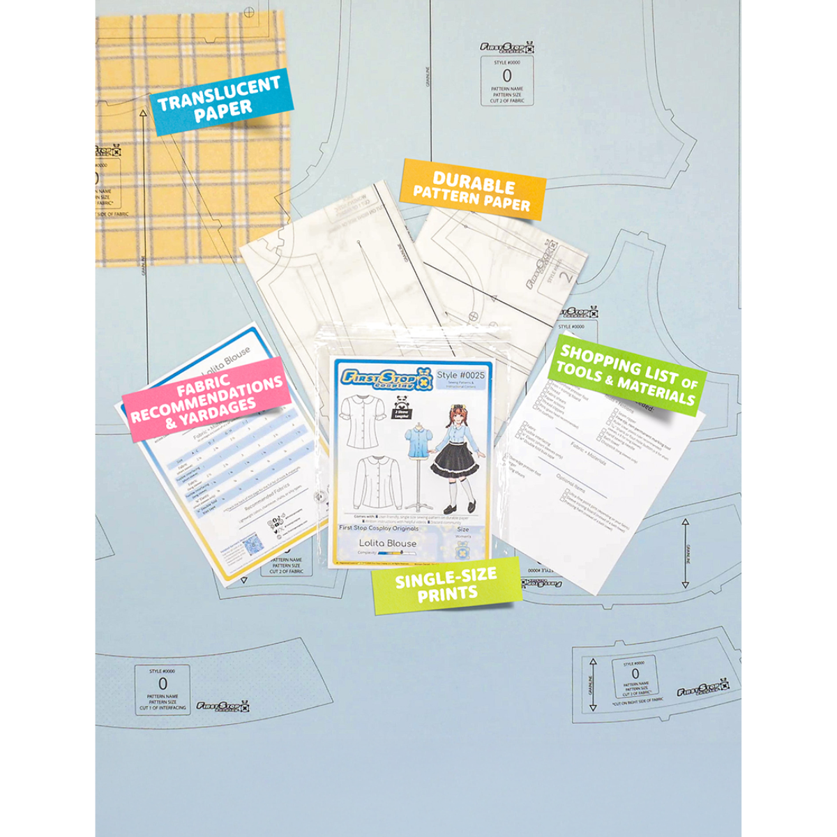 Contents of the Lolita Blouse sewing pattern and packaging. Text boxes highlight features corresponding to those included in the product, such as durable translucent paper, single-size prints, a shopping list of tools and materials, and fabric recommendations.
