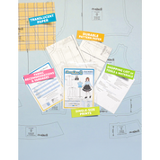 Contents of the Lolita Blouse sewing pattern and packaging. Text boxes highlight features corresponding to those included in the product, such as durable translucent paper, single-size prints, a shopping list of tools and materials, and fabric recommendations.