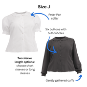 Size J Lolita Blouses in both short and long sleeves with text and arrows pointing out the Peter Pan collar, front buttons with buttonholes, and gently gathered cuffs (long sleeve blouse).