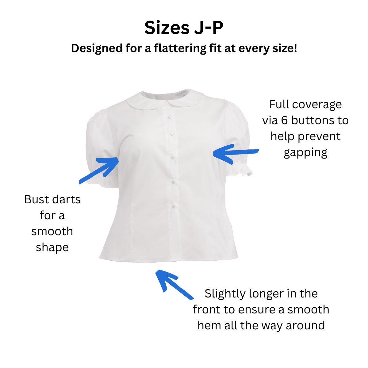 A short sleeve Lolita Blouse with a list of features specifically for size J-P patterns, including full coverage via 6 buttons to prevent button gapping, bust darts for smooth shape, and lightly longer length to ensure smooth front hem. Text at the top says, "Designed for a flattering fit at every size!"