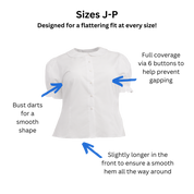 A short sleeve Lolita Blouse with a list of features specifically for size J-P patterns, including full coverage via 6 buttons to prevent button gapping, bust darts for smooth shape, and lightly longer length to ensure smooth front hem. Text at the top says, "Designed for a flattering fit at every size!"