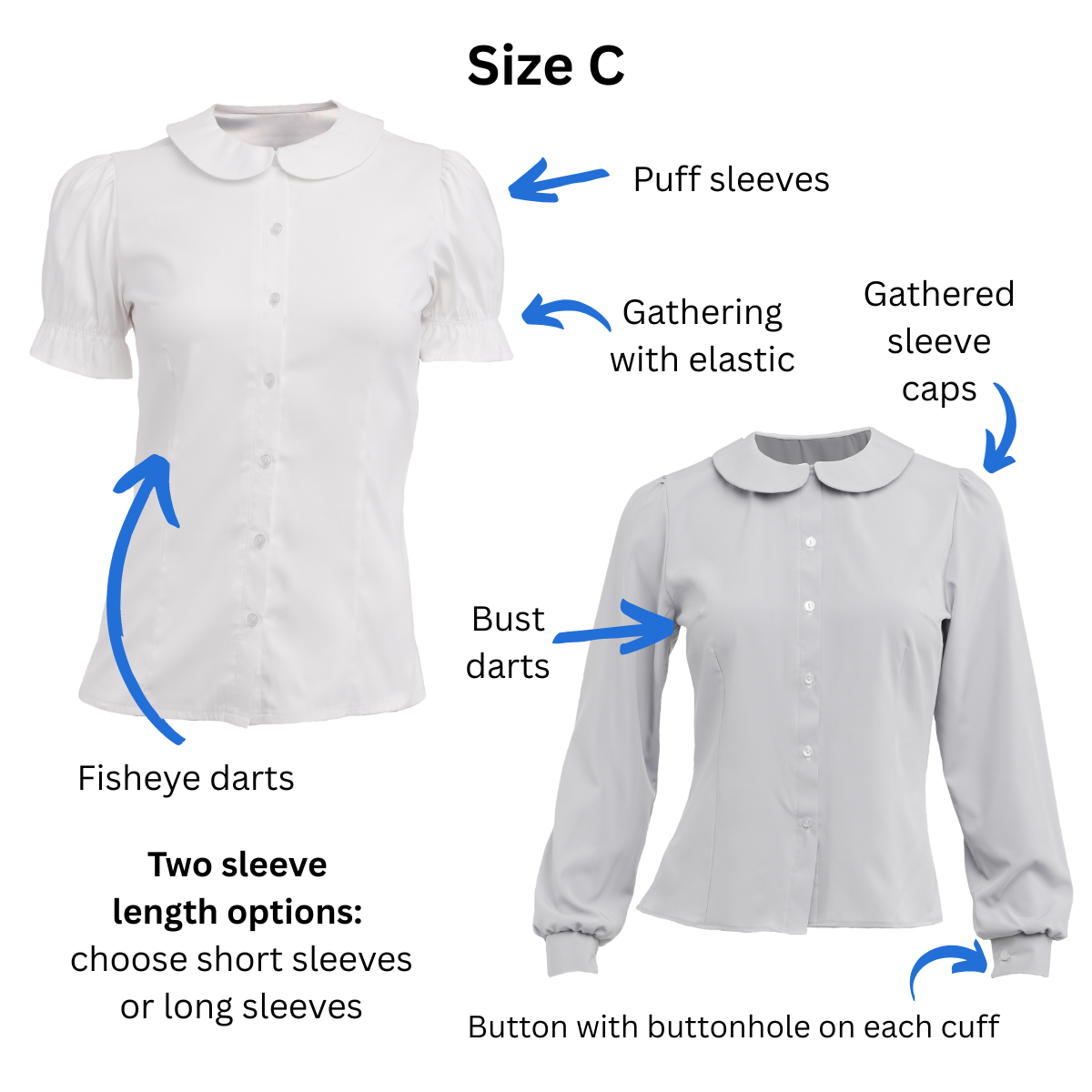 Size C Lolita Blouses in both the short and long sleeve variations with text and arrows pointing out the puff sleeves (short sleeve blouse), gathered sleeve caps (long sleeve blouse), bust darts, fisheye darts, and buttons with buttonhole on each cuff. Text at the bottom states that this pattern comes in two sleeve length options.