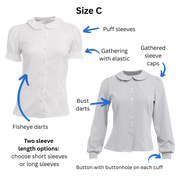 Size C Lolita Blouses in both the short and long sleeve variations with text and arrows pointing out the puff sleeves (short sleeve blouse), gathered sleeve caps (long sleeve blouse), bust darts, fisheye darts, and buttons with buttonhole on each cuff. Text at the bottom states that this pattern comes in two sleeve length options.