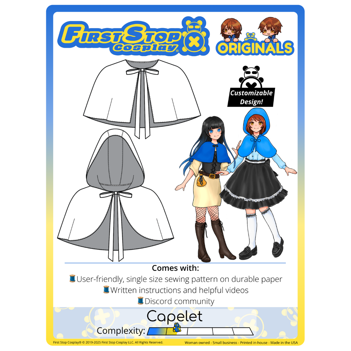 Graphic of the Capelet sewing pattern packaging, featuring the First Stop Cosplay logo and art of the pattern and original characters, with a text bubble saying, "Customizable Design!" A graphic icon indicating complexity shows a rating of 1.5 out of 5, suggesting the pattern is beginner-friendly.