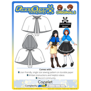 Graphic of the Capelet sewing pattern packaging, featuring the First Stop Cosplay logo and art of the pattern and original characters, with a text bubble saying, "Customizable Design!" A graphic icon indicating complexity shows a rating of 1.5 out of 5, suggesting the pattern is beginner-friendly.