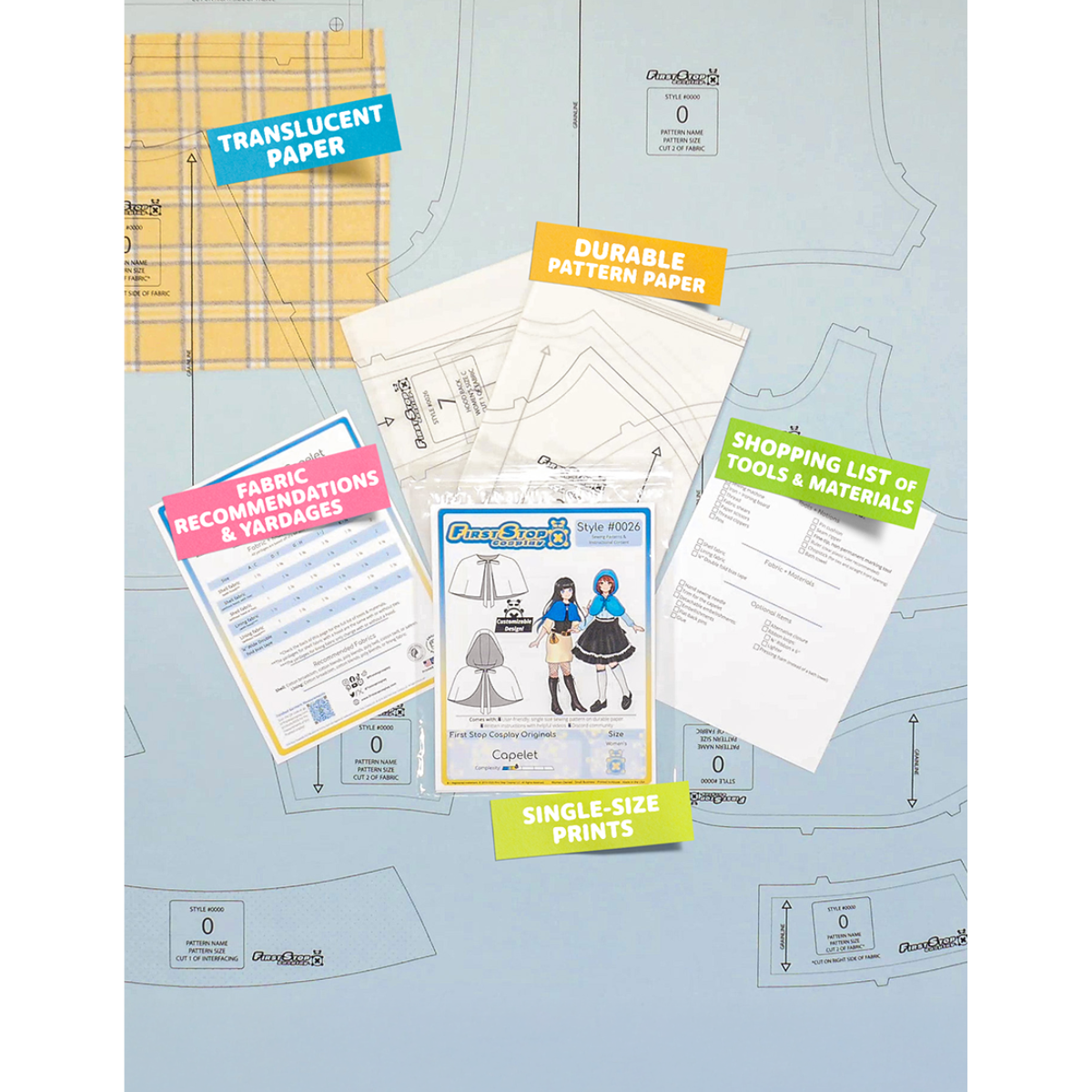 Contents of the Capelet sewing pattern and packaging. Text boxes highlight features corresponding to those included in the product, such as durable translucent paper, single-size prints, a shopping list of tools and materials, and fabric recommendations.