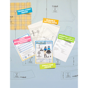 Contents of the Capelet sewing pattern and packaging. Text boxes highlight features corresponding to those included in the product, such as durable translucent paper, single-size prints, a shopping list of tools and materials, and fabric recommendations.