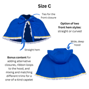 Size C hooded Capelet front and back views with text and arrows pointing out ties for the front closure, wide deep hood and straight hem. Other text on the image draw attention to the straight or curved hem options and bonus content for customizing the pattern.