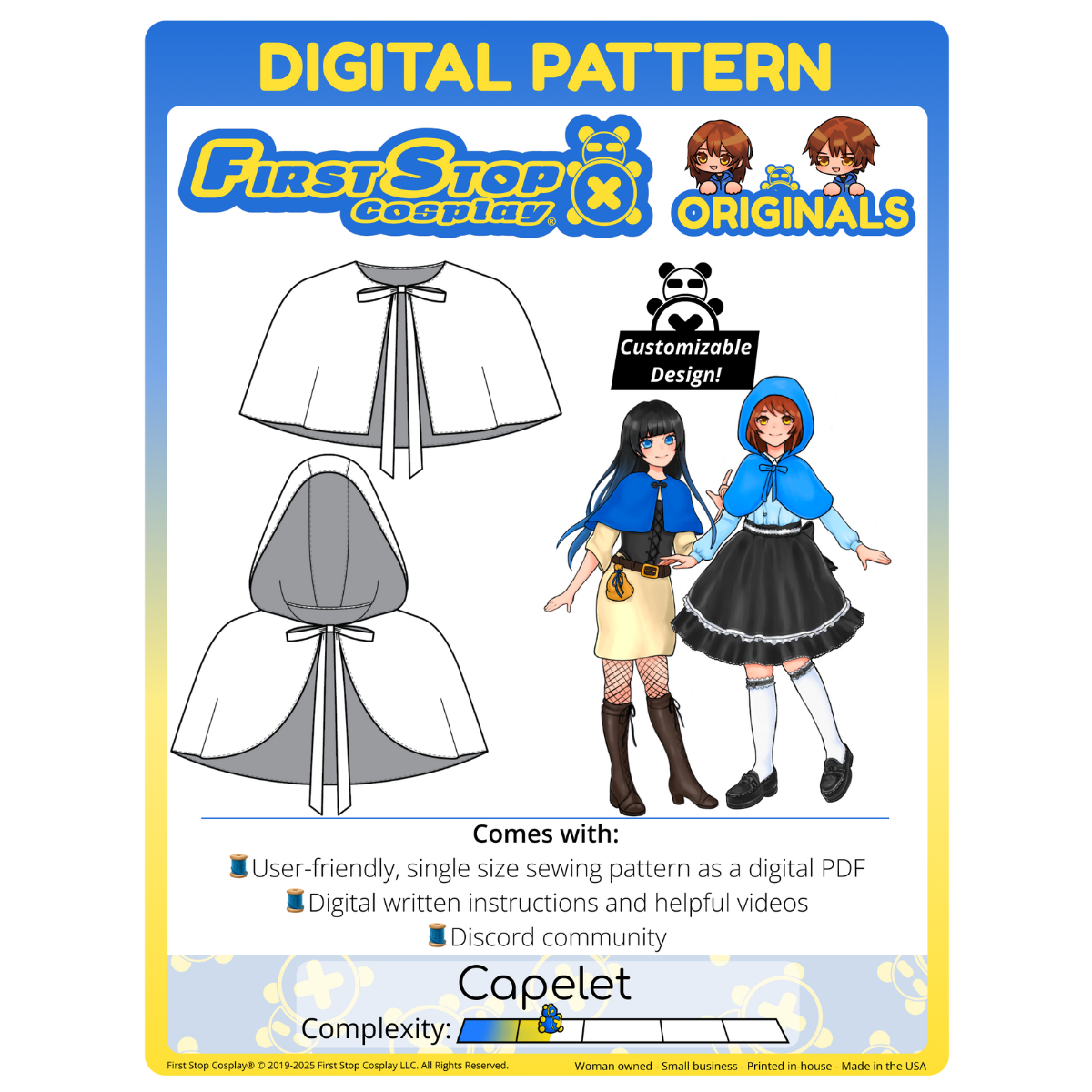 Graphic of the digital format Capelet sewing pattern product art, featuring the First Stop Cosplay logo and art of the pattern and original characters, with a text box saying, "Customizable Design!" A graphic icon indicating complexity shows a rating of 1.5 out of 5, suggesting the pattern is beginner-friendly.