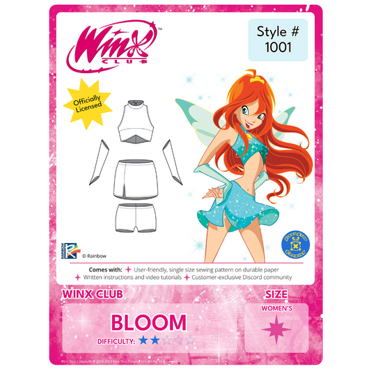 A graphic of the front packaging for Style #1001- Winx Club Bloom. The Winx Club logo is in the top left corner. Below the logo is an "officially licensed" stamp. Below the stamp is the line art of the completed pattern. To the right is an image of Winx Club's character, Bloom, wearing her Season 1 outfit. To the right of Bloom, in the corner, is the First Stop Cosplay circle logo. This pattern is 2 star in difficulty rating and follows our women's size chart. 