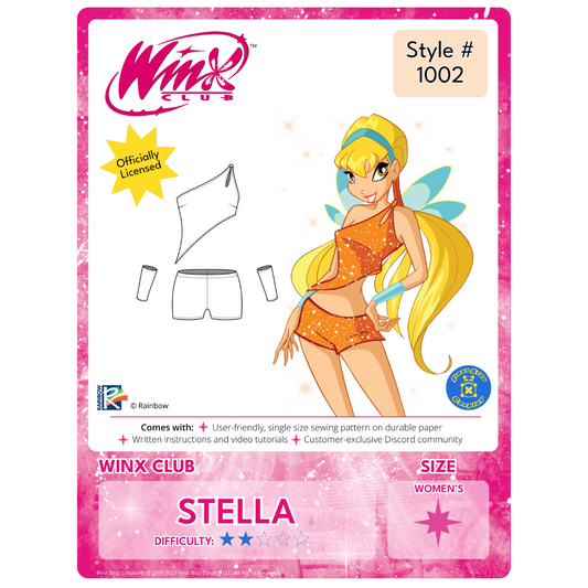 A graphic of the front packaging for Style #1002- Winx Club Stella. The Winx Club logo is in the top left corner. Below the logo is an "officially licensed" stamp. Below the stamp is the line art of the completed pattern. To the right is an image of Winx Club's character, Stella, wearing her Season 1 outfit. To the right of Stella, in the corner, is the First Stop Cosplay circle logo. This pattern is 2 star in difficulty rating and follows our women's size chart. 