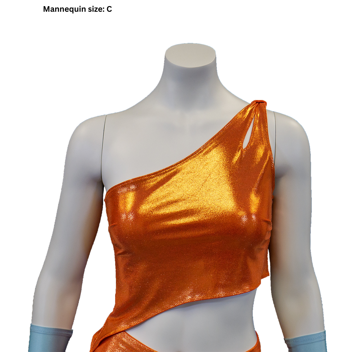 A photo of the front view of our female and plus size female mannequins in the completed Winx Club's Stella's outfit (sizes C) focusing on the top showing the shoulder slit.