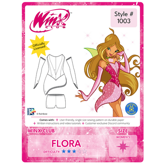 A graphic of the front packaging for Style #1003- Winx Club Flora. The Winx Club logo is in the top left corner. Below the logo is an "officially licensed" stamp. Below the stamp is the line art of the completed pattern. To the right is an image of Winx Club's character, Flora, wearing her Season 1 outfit. To the right of Flora, in the corner, is the First Stop Cosplay circle logo. This pattern is 3 star in difficulty rating and follows our women's size chart. 