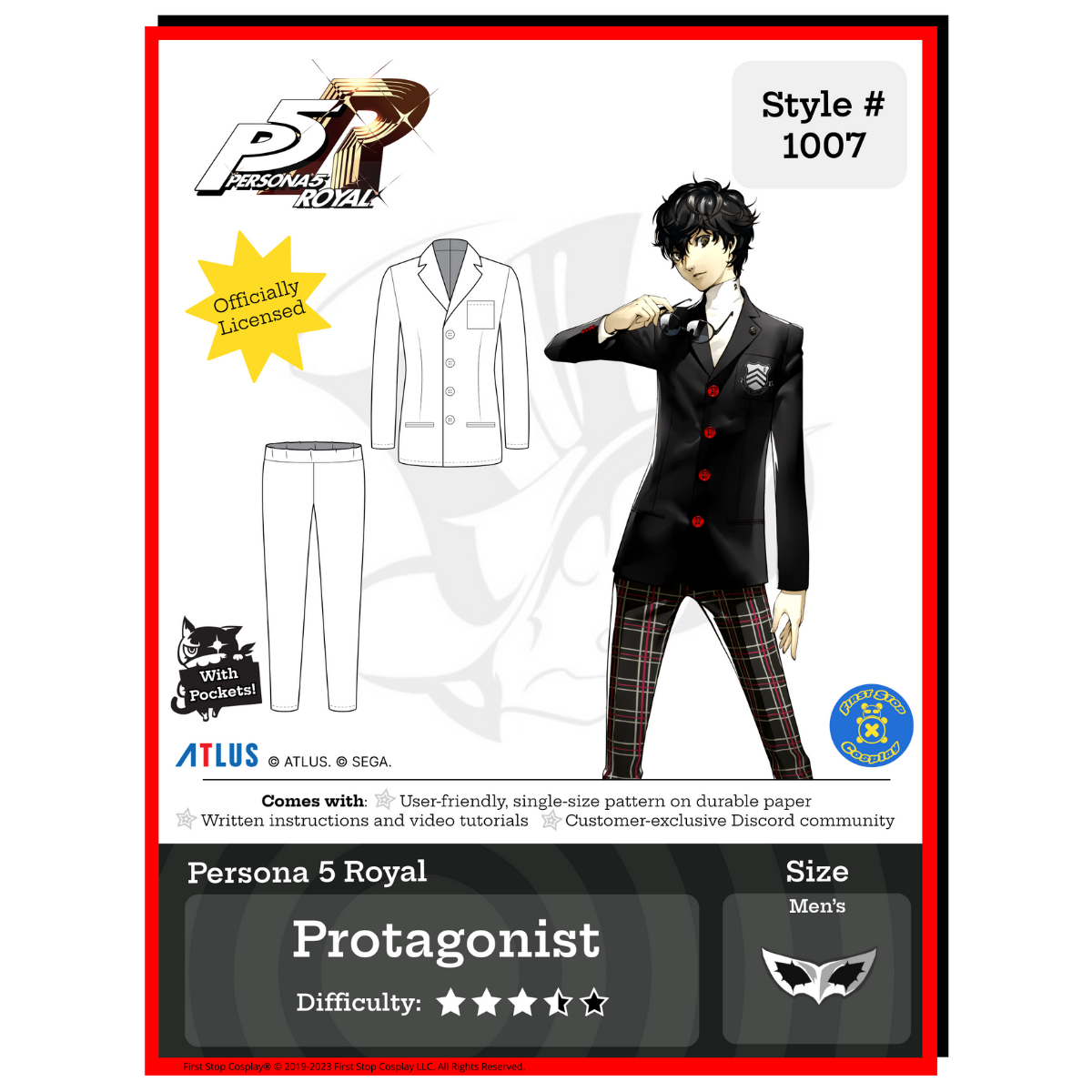 A graphic of the front packaging for Style #1007- Protagonist. The Persona 5 Royal logo is in the top left corner. Below the logo is an "officially licensed" stamp. Below the stamp is the line art of the completed pattern. To the right is an image of Persona 5 Royal's character, Protagonist, wearing his Shujin school uniform outfit. To the right of Protagonist, in the corner, is the First Stop Cosplay circle logo. This pattern is 3 1/2 star in difficulty rating and follows our men's size chart.