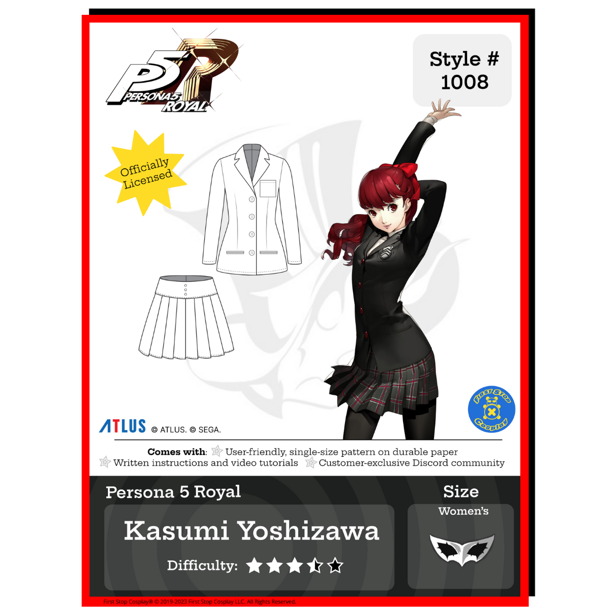 A graphic of the front packaging for Style #1008- Kasumi Yoshizawa. The Persona 5 Royal logo is in the top left corner. Below the logo is an "officially licensed" stamp. Below the stamp is the line art of the completed pattern. To the right is an image of Persona 5 Royal's character, Kasumi, wearing her Shujin school uniform outfit. To the right of Kasumi, in the corner, is the First Stop Cosplay circle logo. This pattern is 3 1/2 star in difficulty rating and follows our women's size chart.
