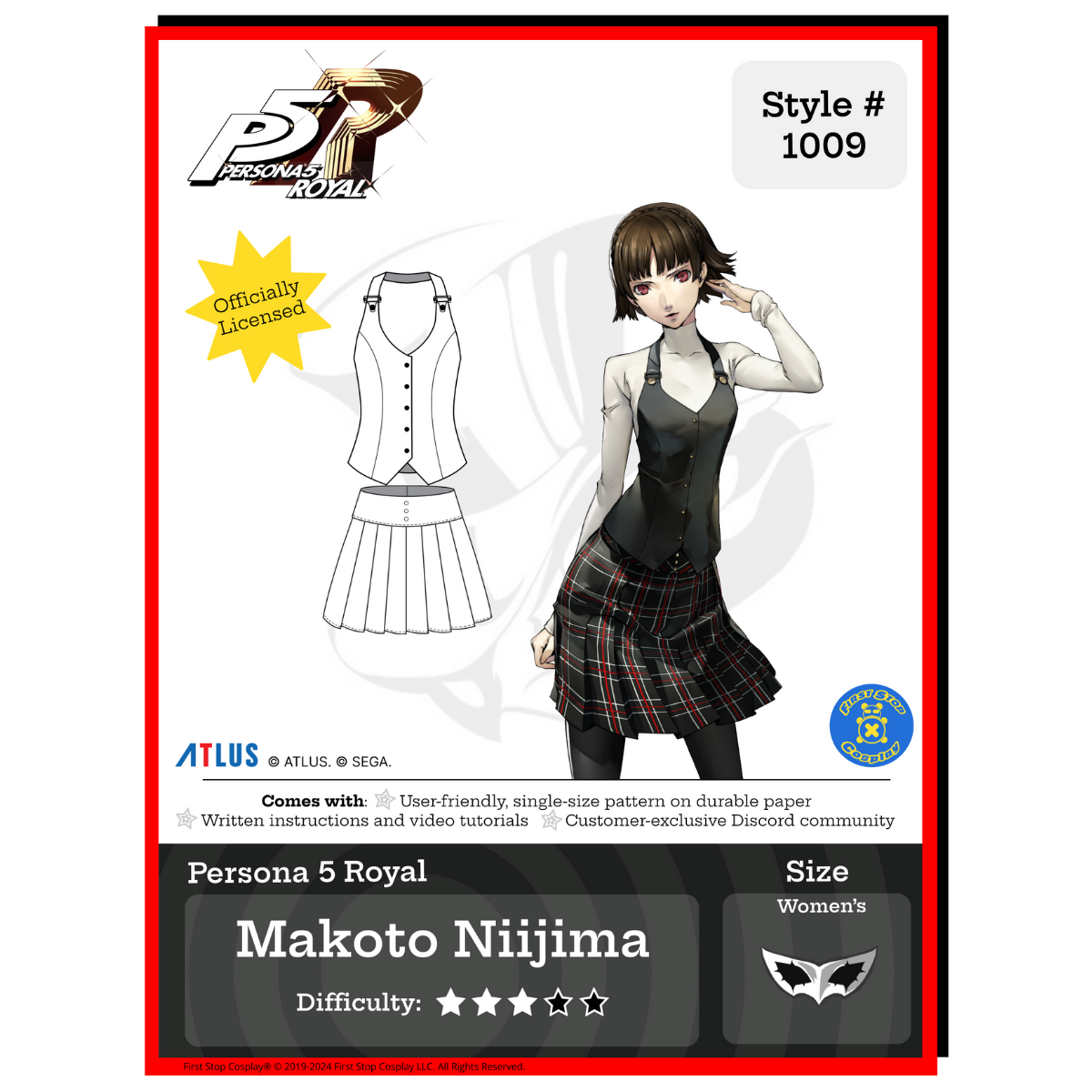 A graphic of the front packaging for Style #1009- Makoto Niijima. The Persona 5 Royal logo is in the top left corner. Below the logo is an "officially licensed" stamp. Below the stamp is the line art of the completed pattern. To the right is an image of Persona 5 Royal's character, Makoto, wearing her Shujin school uniform outfit. To the right of Makoto, in the corner, is the First Stop Cosplay circle logo. This pattern is 3 star in difficulty rating and follows our women's size chart.