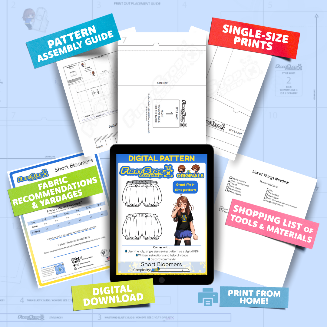 Contents of the digital Short Bloomers sewing pattern with the product art on a tablet screen, referencing the downloadable format of the pattern. Text boxes highlight features corresponding to those included in the product, such as pattern assembly guide, single-size prints, ability to print from home, shopping lists of tools and materials, and fabric recommendations.