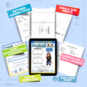 Contents of the digital Short Bloomers sewing pattern with the product art on a tablet screen, referencing the downloadable format of the pattern. Text boxes highlight features corresponding to those included in the product, such as pattern assembly guide, single-size prints, ability to print from home, shopping lists of tools and materials, and fabric recommendations.